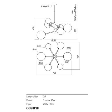 Redo 01-2780 - Lestenec na vrvici ROY 6xG9/10W/230V