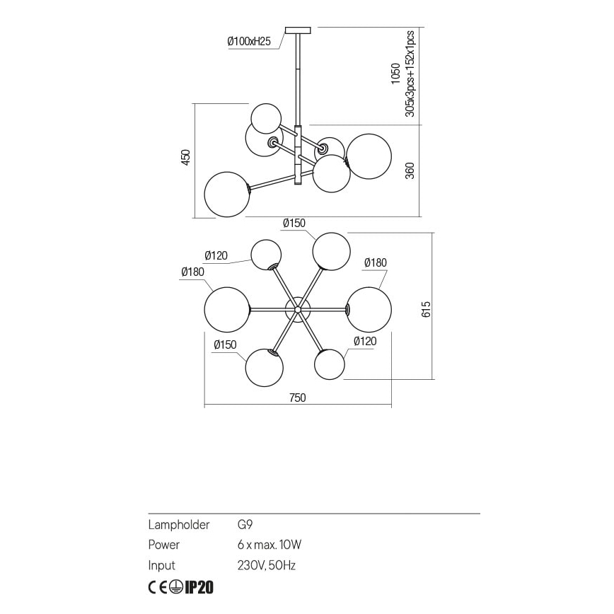 Redo 01-2780 - Lestenec na vrvici ROY 6xG9/10W/230V