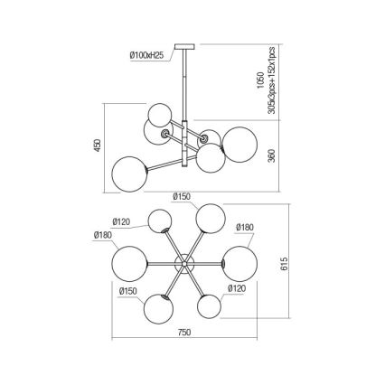 Redo 01-2780 - Lestenec na vrvici ROY 6xG9/10W/230V