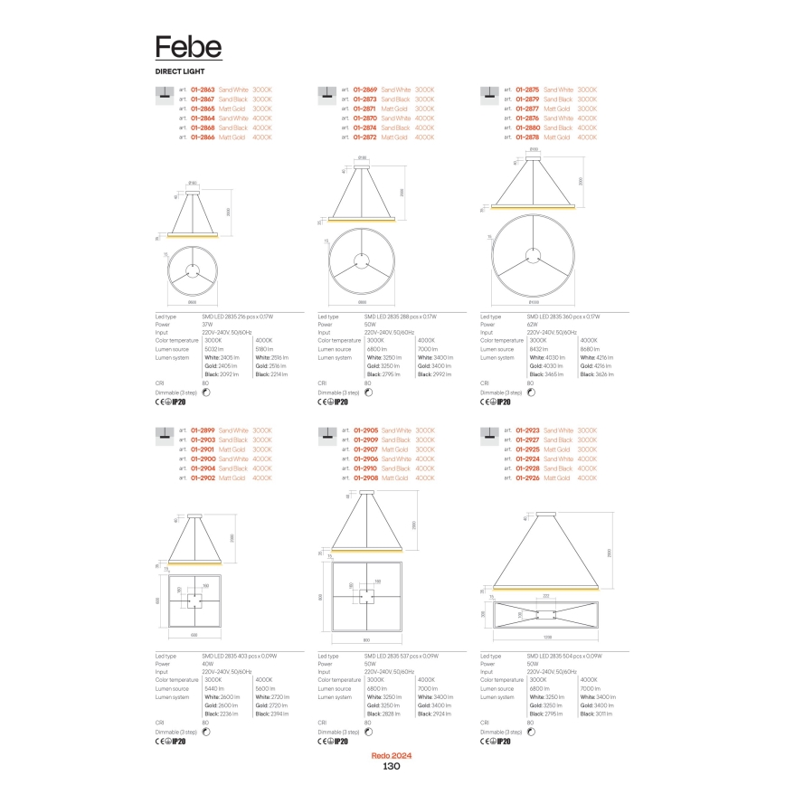 Redo 01-2865 - LED zatemljiv lestenec na kablu FEBE LED/37W/230V zlata