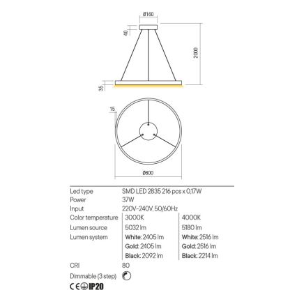 Redo 01-2865 - LED zatemljiv lestenec na kablu FEBE LED/37W/230V zlata