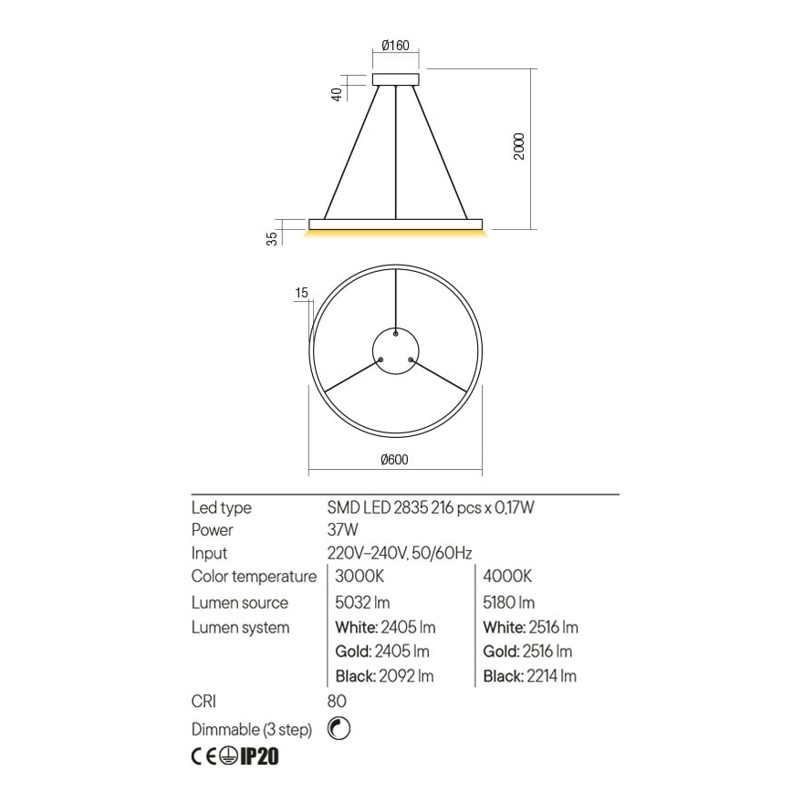 Redo 01-2865 - LED zatemljiv lestenec na kablu FEBE LED/37W/230V zlata