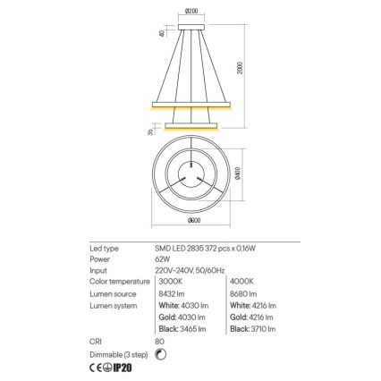 Redo 01-2889 - LED Zatemnitveni lestenec na vrvici FEBE LED/62W/230V zlata