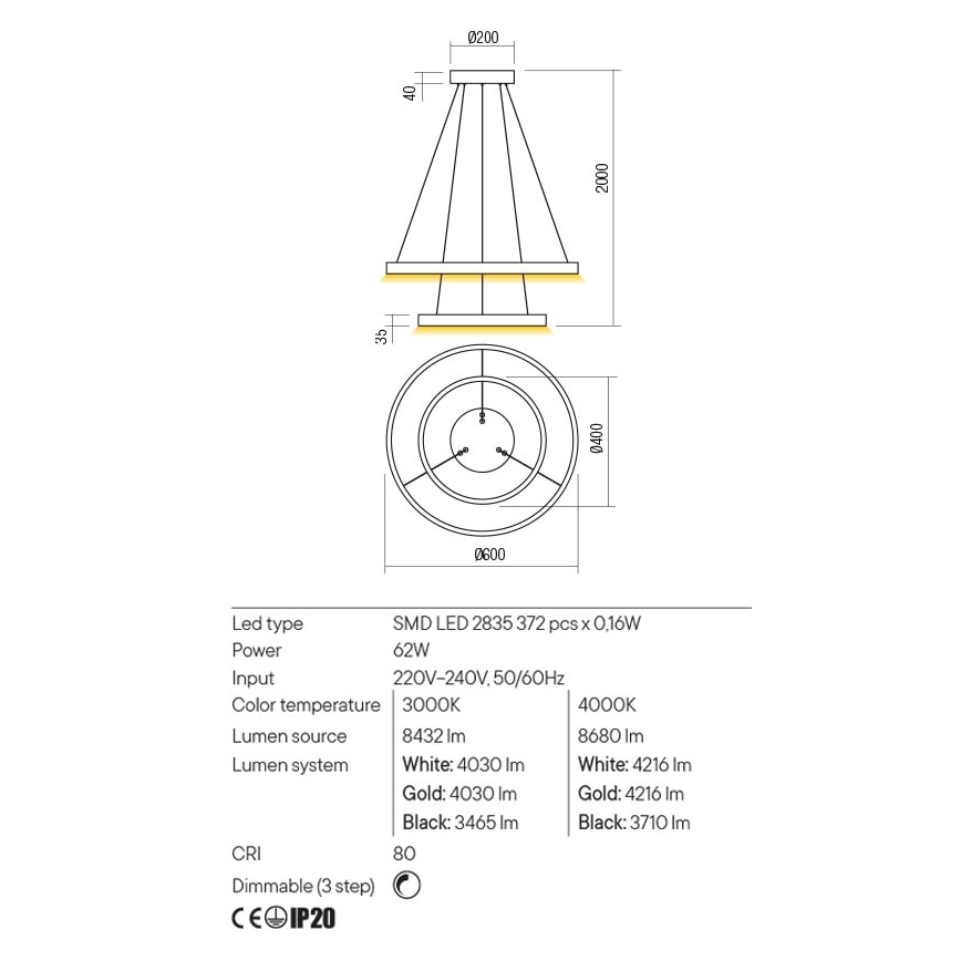 Redo 01-2891 - LED Zatemnitveni lestenec na vrvici FEBE LED/62W/230V črna