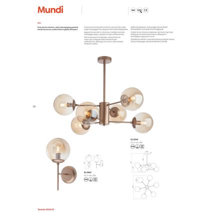 Redo 01-2942 - Stenska svetilka MUNDI 1xE14/28W/230V medena/dimljena