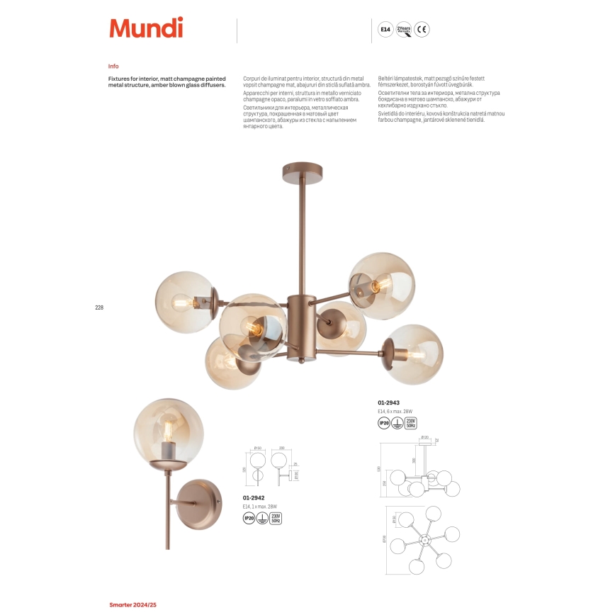 Redo 01-2943 - Lestenec na drogu MUNDI 6xE14/28W/230V bakrena/dimna