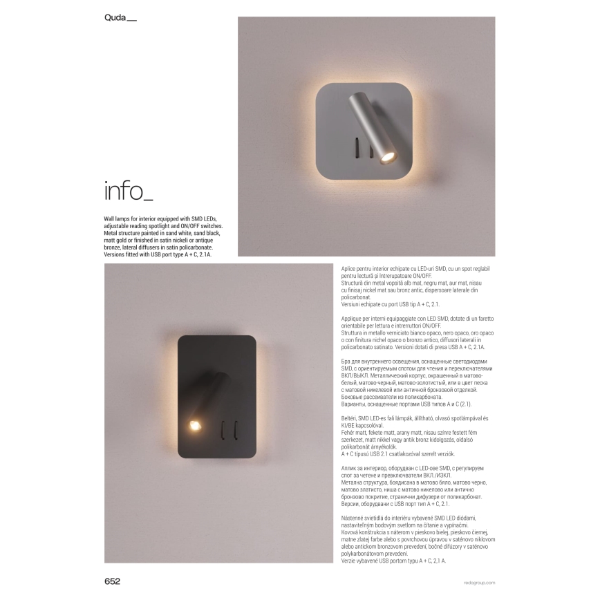 Redo 01-2978 - LED stensko svetilo QUDA LED/6W/230V + LED/3W 3000K CRI 90 USB mat krom