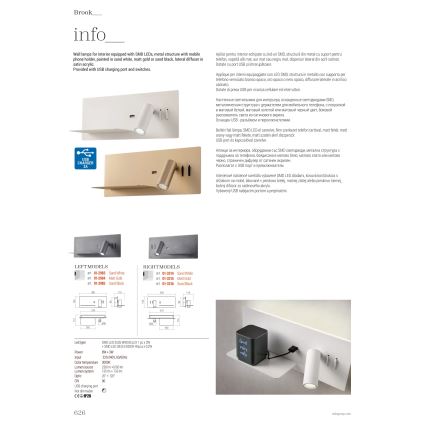 Redo 01-2985 - LED Stenski reflektor BROOK LED/8W/230V + LED/3W USB CRI 90 črna levo