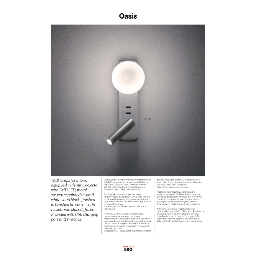 Redo 01-2992 - LED stenska svetilka OASIS LED/3W/230V + 1xG9/10W USB CRI 90 bronasta