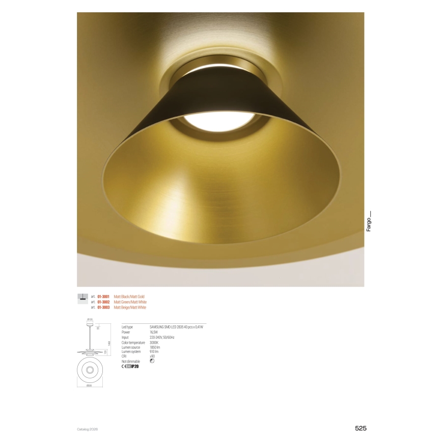 Redo 01-3001 - LED lestenec na jeklenem lanku FARGO LED/16,5W/230V CRI 90 premer 50 cm črna/zlata