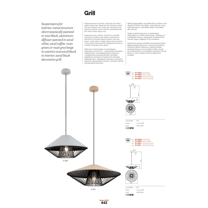 Redo 01-3004 - Viseči lestenec na kablu GRILL 1xE27/42W/230V, premer 39,6 cm, črna/bela