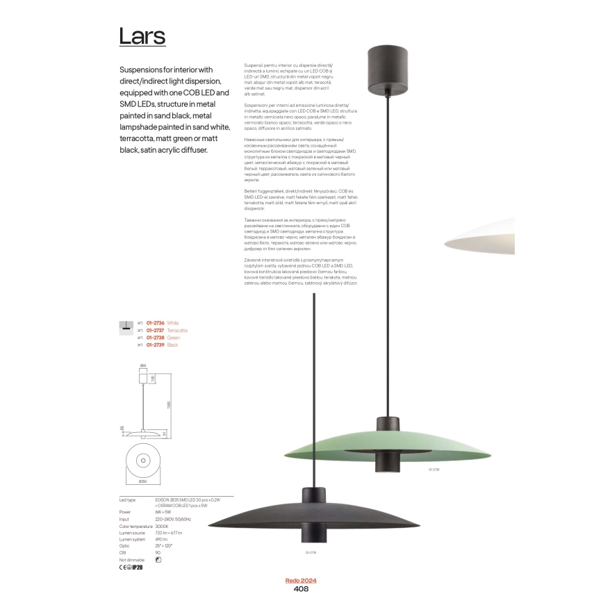 Redo 01-3018 - LED lestenec na jeklenem lanku LARS LED/14W/230V + LED/10W premer 60 cm CRI 90 bela