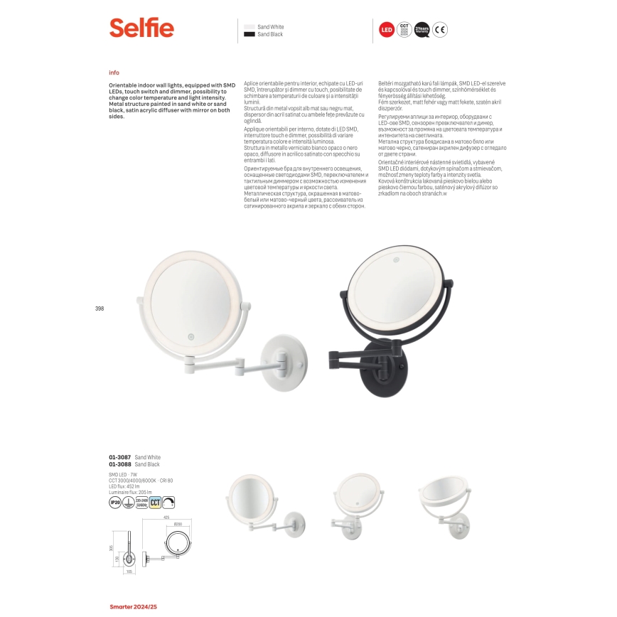 Redo 01-3087 - LED Zatemnitveno kozmetično ogledalo na dotik SELFIE LED/7W/230V 3000/4000/6000K bela