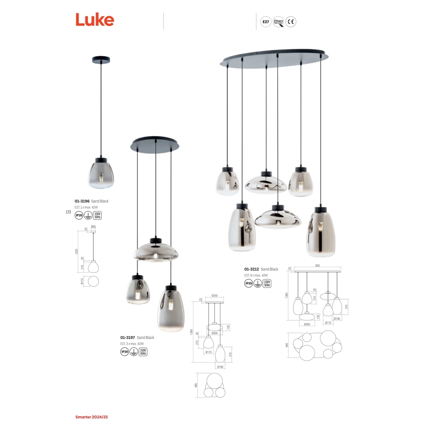 Redo 01-3197 - Lestenec na vrvici LUKE 3xE27/42W/230V pr. 46 cm črna