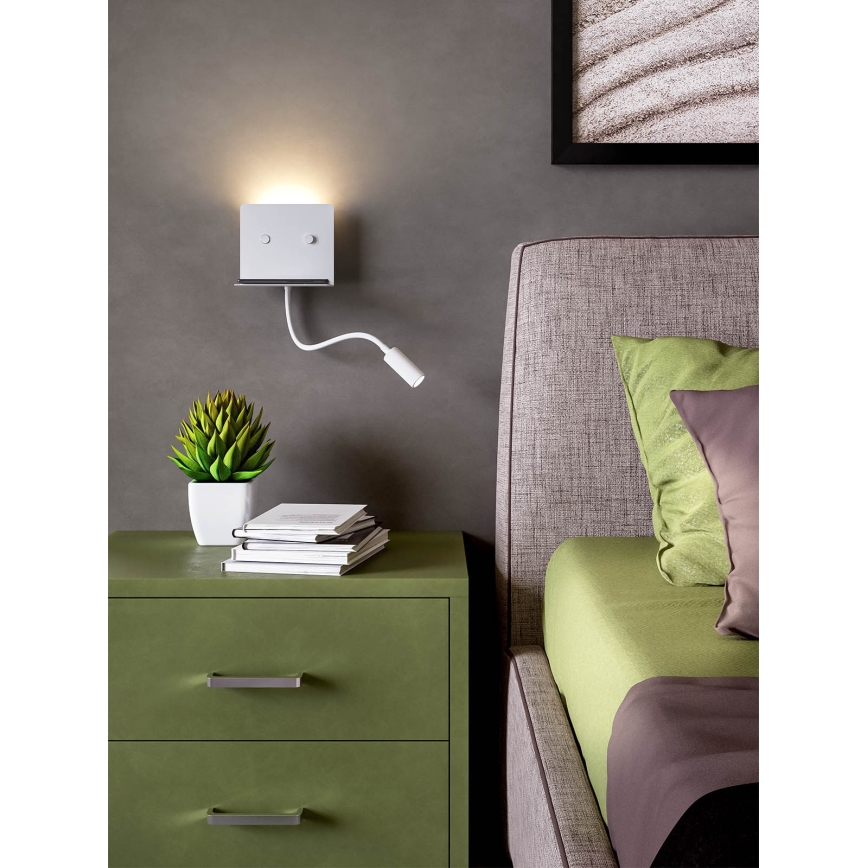 Redo 01-3210 - LED Stenska svetilka s fleksibilno malo svetilko MOKA LED/6W + LED/3W/230V USB CRI90 bela