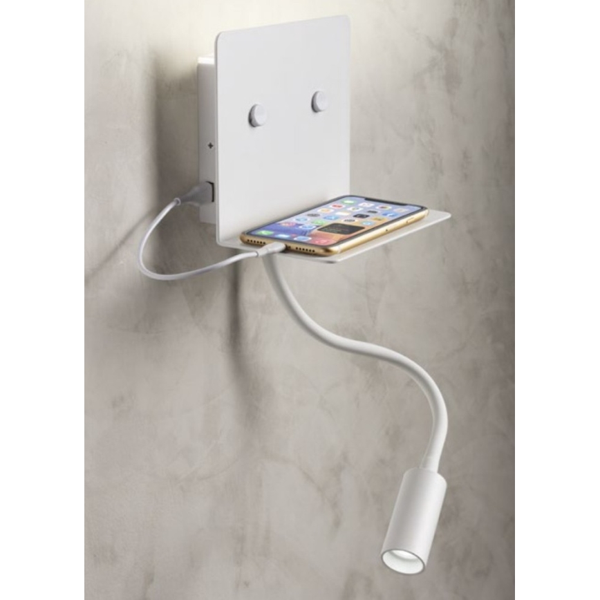 Redo 01-3210 - LED Stenska svetilka s fleksibilno malo svetilko MOKA LED/6W + LED/3W/230V USB CRI90 bela