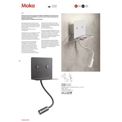 Redo 01-3211 - LED Stenska svetilka s fleksibilno malo svetilko MOKA LED/6W + LED/3W/230V USB CRI90 črna