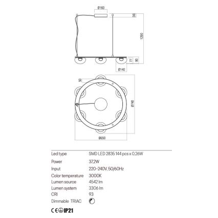 Redo 01-3247- LED Zatemnitveni lestenec na vrvici SINCLAIR LED/37,2W/230V CRI 93 IP21 zlata