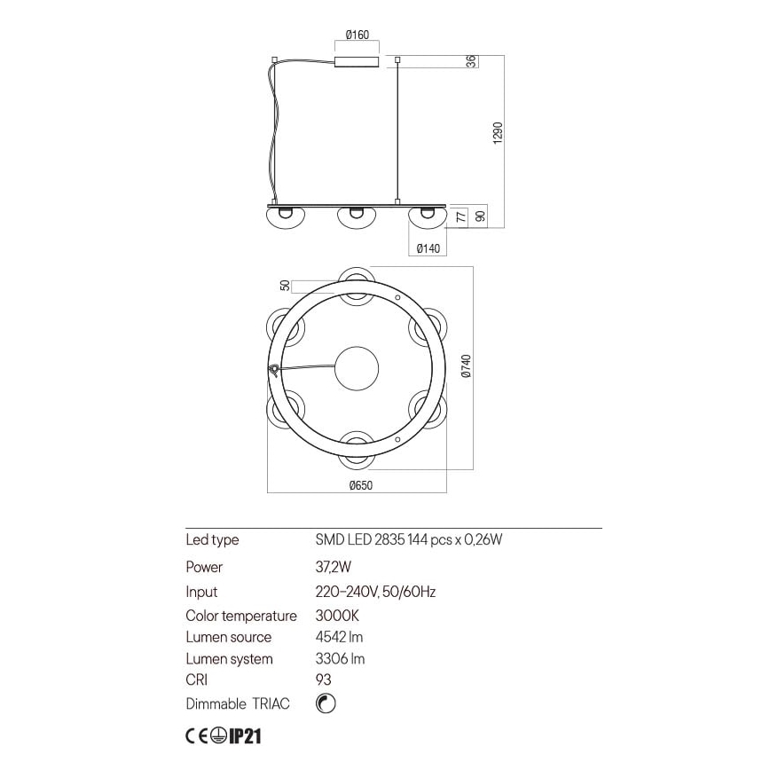 Redo 01-3247- LED Zatemnitveni lestenec na vrvici SINCLAIR LED/37,2W/230V CRI 93 IP21 zlata