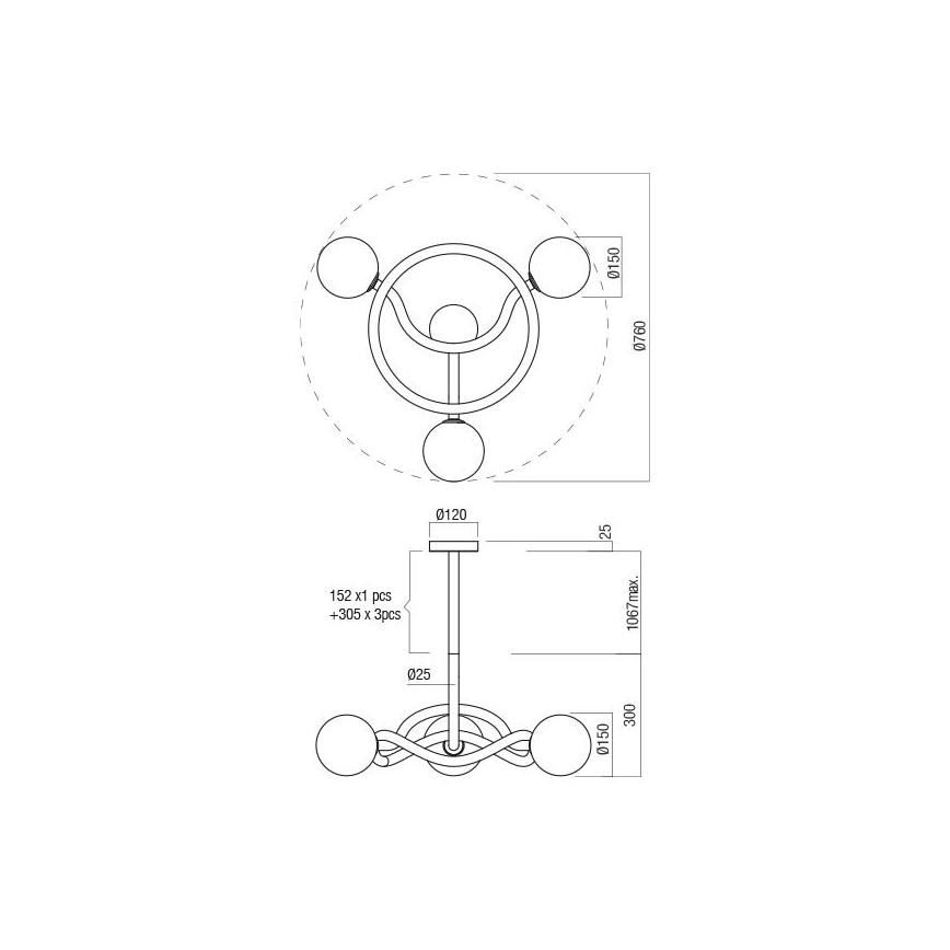 Redo 01-3256 - Lestenec na palici CONFUSIO 3xE14/28W/230V, premer 76 cm, zlati