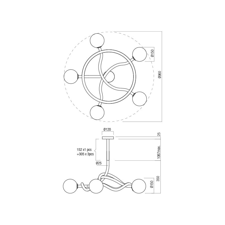 Redo 01-3259 - Lestenec na nosilnem drogu CONFUSIO 5xE14/28W/230V premer 96 cm črn