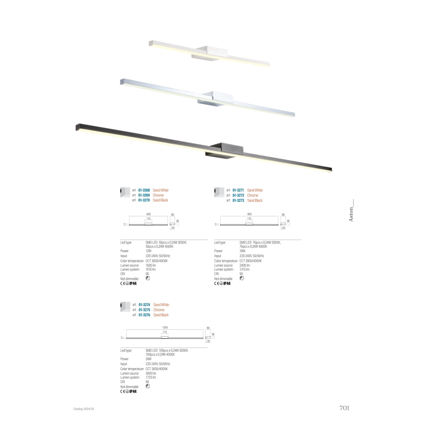 Redo 01-3268 - LED Kopalniška luč za osvetlitev ogledala ASTON LED/12W/230V 60 cm CRI 90 IP44 bela
