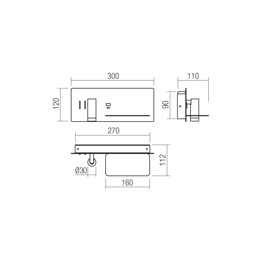 Redo 01-3316 - LED Stenski reflektor BROOK LED/8W/230V + LED/3W USB CRI 90 črna desno