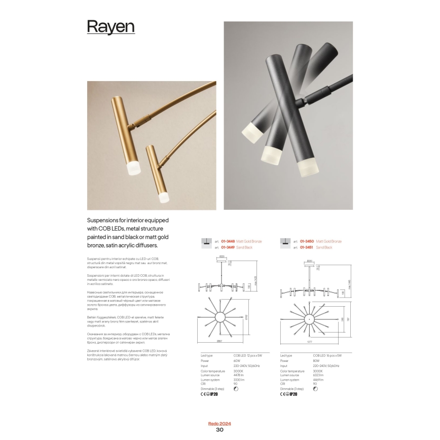 Redo 01-3448 - Zatemljiv LED lestenec na drogu RAYEN LED/60W/230V CRI 90 zlat
