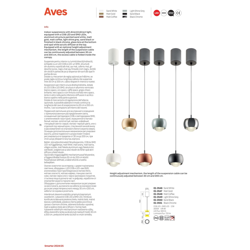 Redo 01-3546 - LED Lestenec na vrvici AVES LED/12W/230V pr. 9,6 cm CRI 90 bela