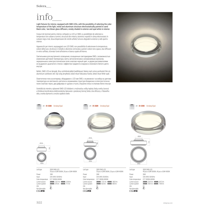 Redo 01-3589 - LED Stropna svetilka SOLERA LED/24W/230V pr. 35 cm CRI 93 3000/4000K siva