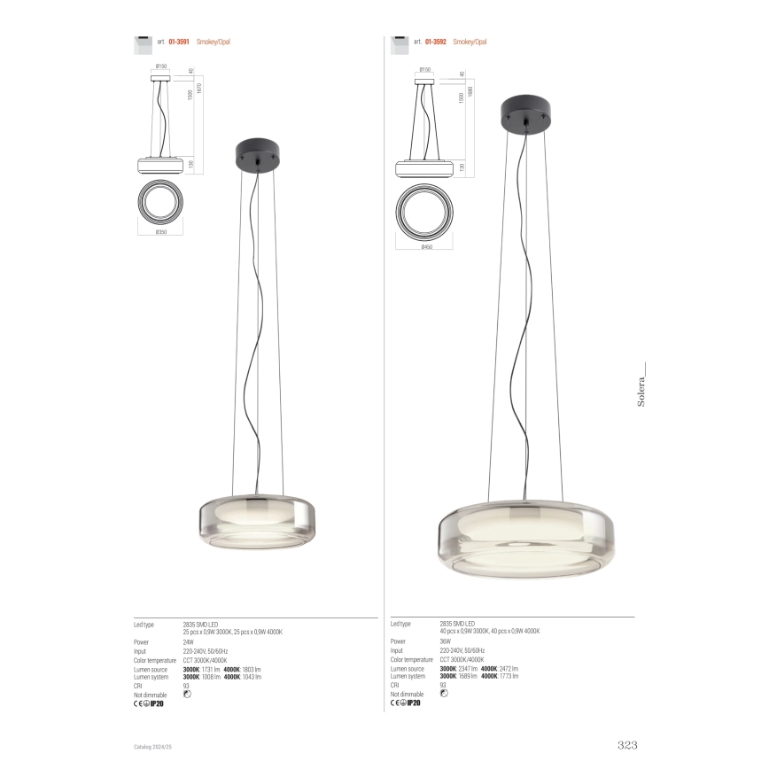 Redo 01-3592 - LED Lestenec na vrvici SOLERA LED/36W/230V pr. 45 cm CRI 93 3000/4000K siva