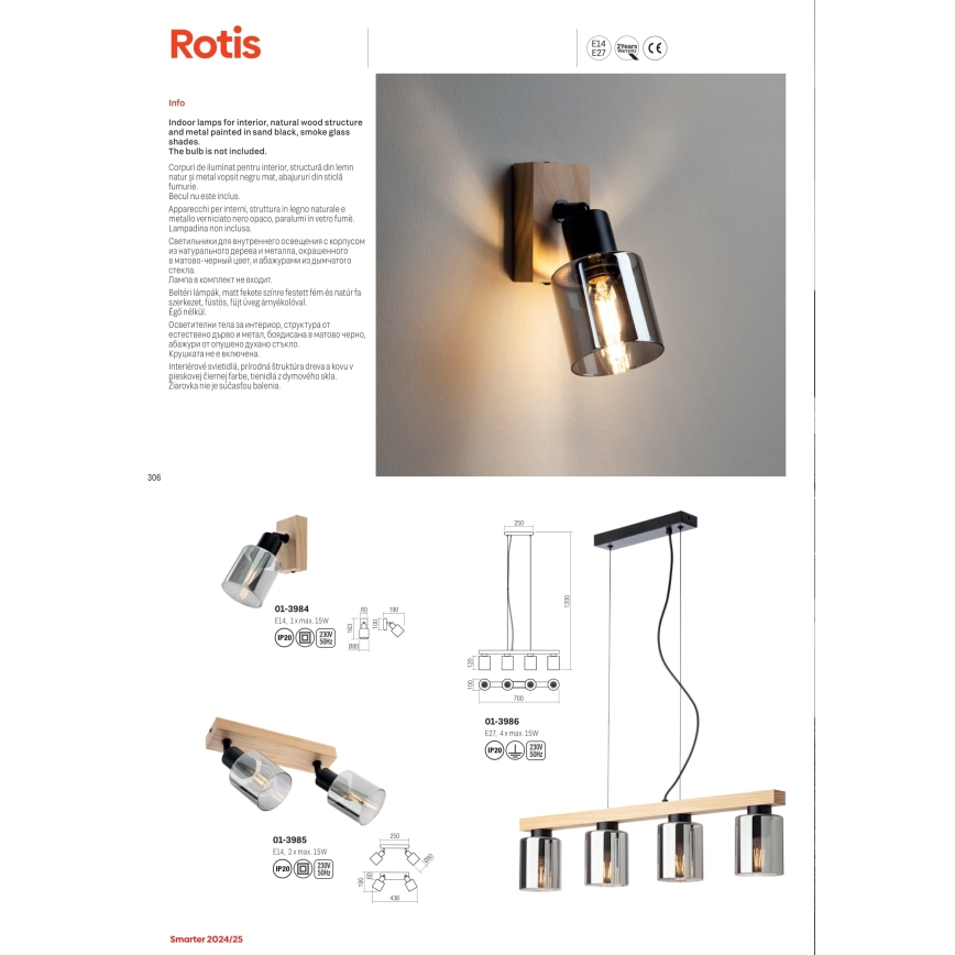 Redo 01-3986 - Lestenec na vrvici ROTIS 4xE27/15W/230V
