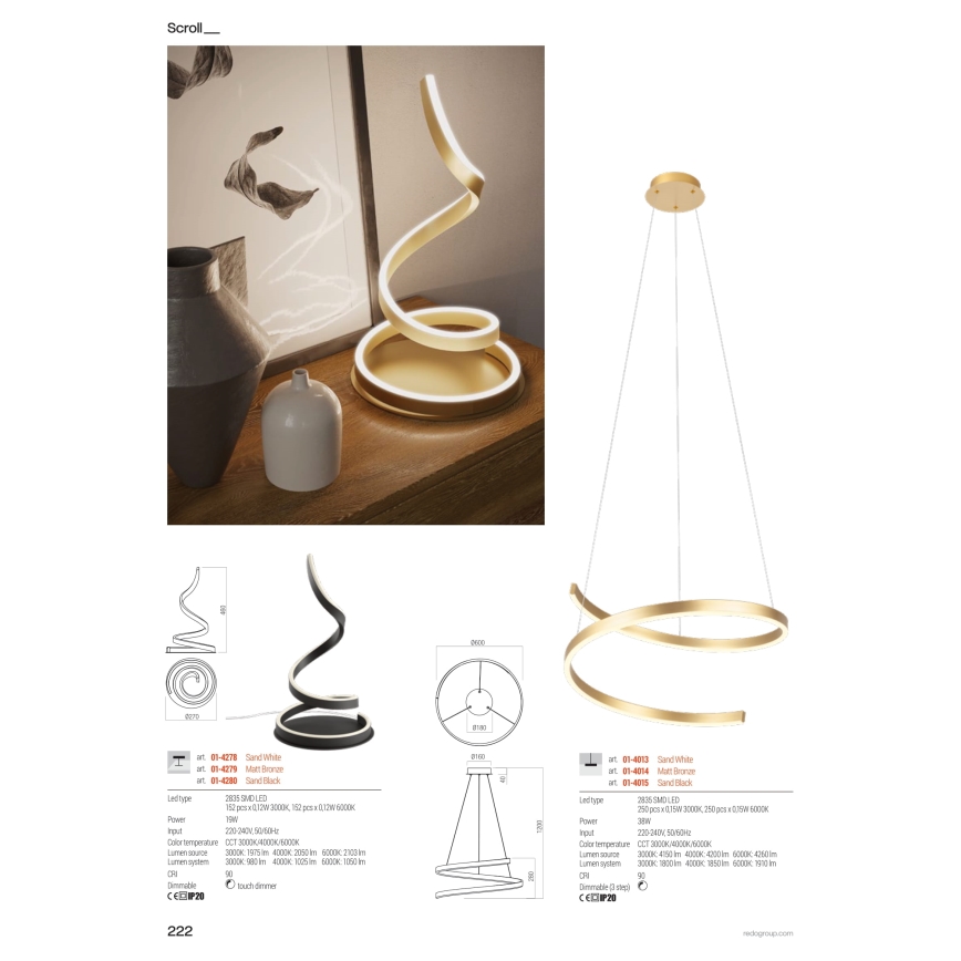 Redo 01-4013 - LED zatemljiv lestenec na jeklenem kablu SCROLL LED/38W/230V 3000K/4000K/6000K CRI 90 Ø 60 cm bela