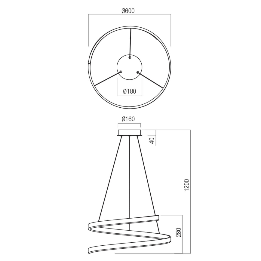 Redo 01-4014 - Zatemnljiv lestenec na kablu SCROLL LED/38W/230V 3000K/4000K/6000K CRI 90 premer 60 cm zlata