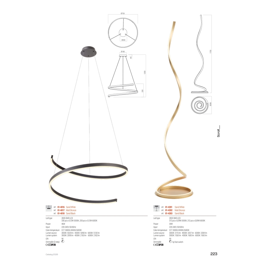 Redo 01-4282 - Zatemnljiva LED talna svetilka SCROLL LED/30W/230V 3000K/4000K/6000K CRI 90 zlata