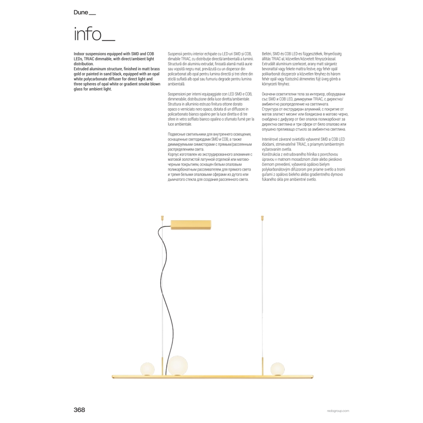Redo 01-4301 - Zatemljiv LED lestenec na kablu DUNE LED/48W/230V 3000K CRI 90 bela/zlata