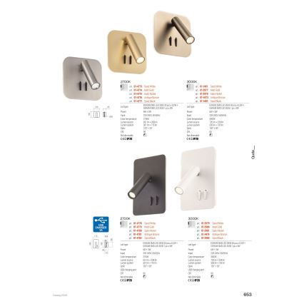 Redo 01-4473 - LED stensko svetilo QUDA LED/6W/230V + LED/3W CRI 90 USB bronasto