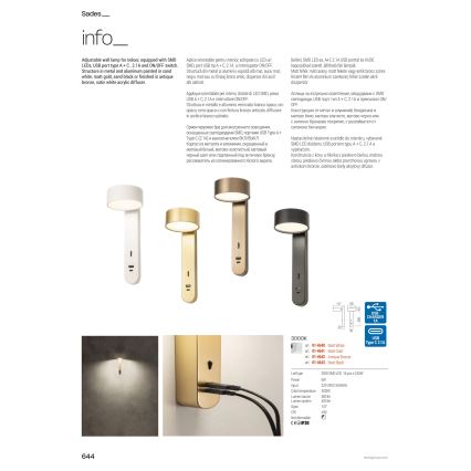 Redo 01-4642 - LED stenska svetilka SADES LED/6W/230V CRI 90 USB bronasta