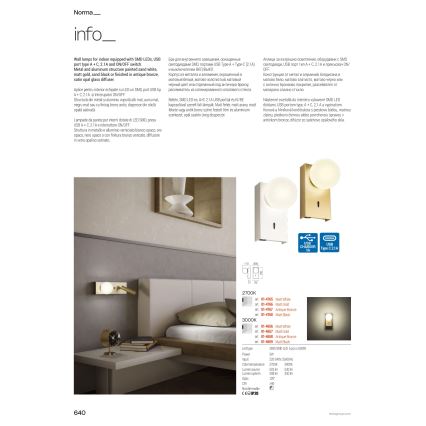 Redo 01-4660 - LED stensko svetilo NORMA LED/5W/230V + LED/3W CRI 90 USB bela