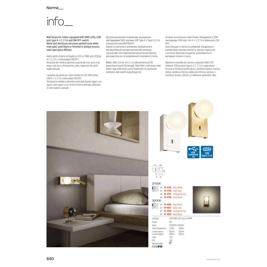 Redo 01-4662 - LED stensko svetilo NORMA LED/5W/230V + LED/3W CRI 90 USB belo/bronasto