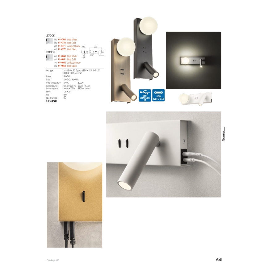 Redo 01-4662 - LED stensko svetilo NORMA LED/5W/230V + LED/3W CRI 90 USB belo/bronasto