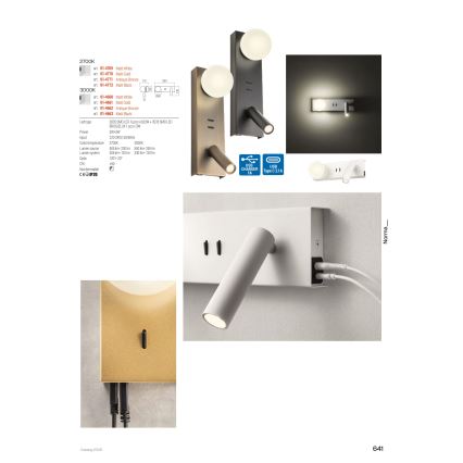 Redo 01-4663 - LED stenska svetilka NORMA LED/5W/230V + LED/3W CRI 90 USB bela/črna