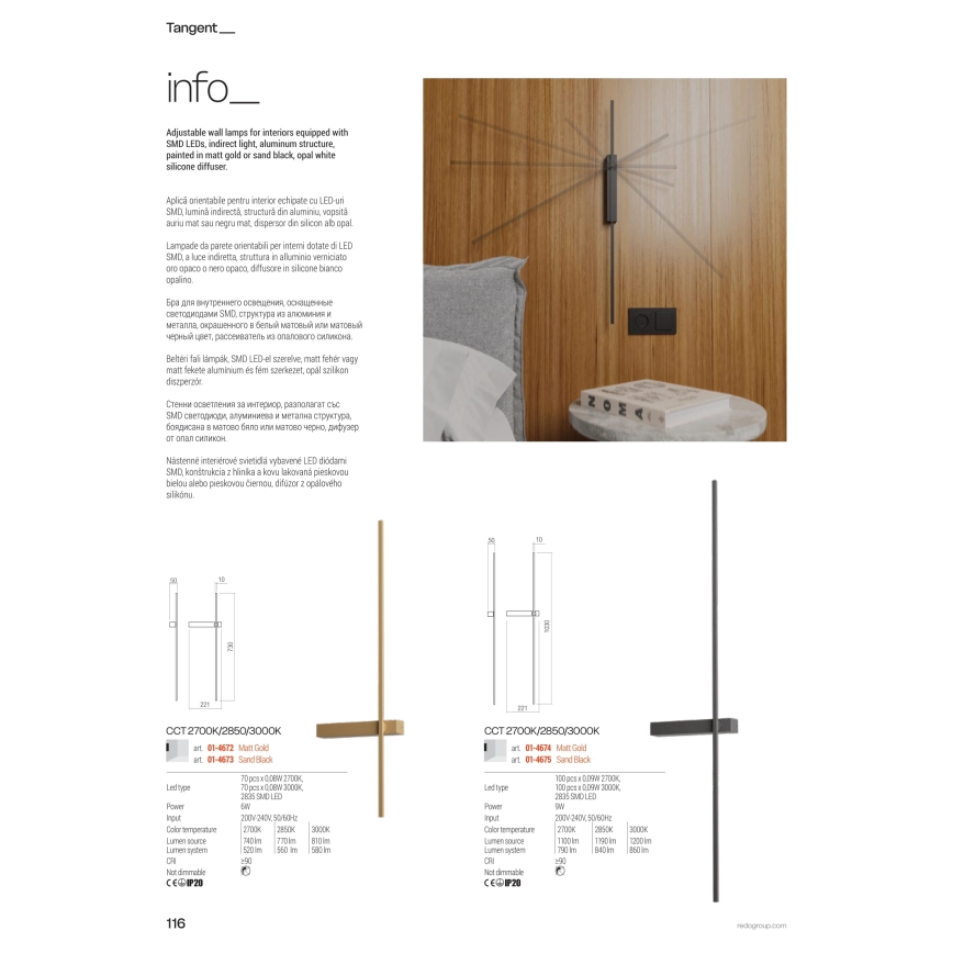 Redo 01-4672 - LED stensko svetilo TANGENT LED/6W/230V 2700/2850/3000K 73 cm CRI 90 zlato