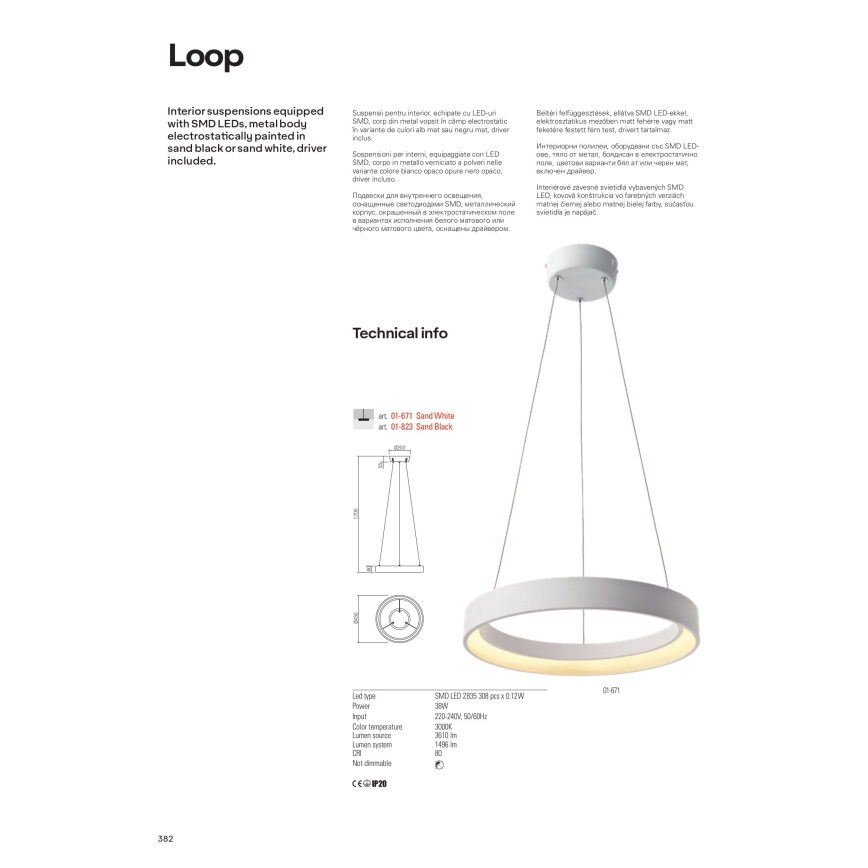 Redo 01-671 - LED Lestenec na vrvici LOOP LED/38W/230V pr. 45 cm bela