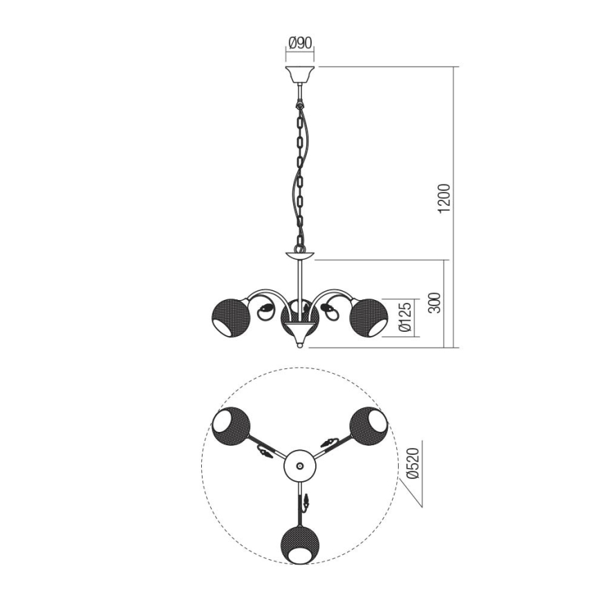 Redo 02-972 - Lestenec na verigi ASPERA 3xE14/28W/230V, premer 52 cm, črna