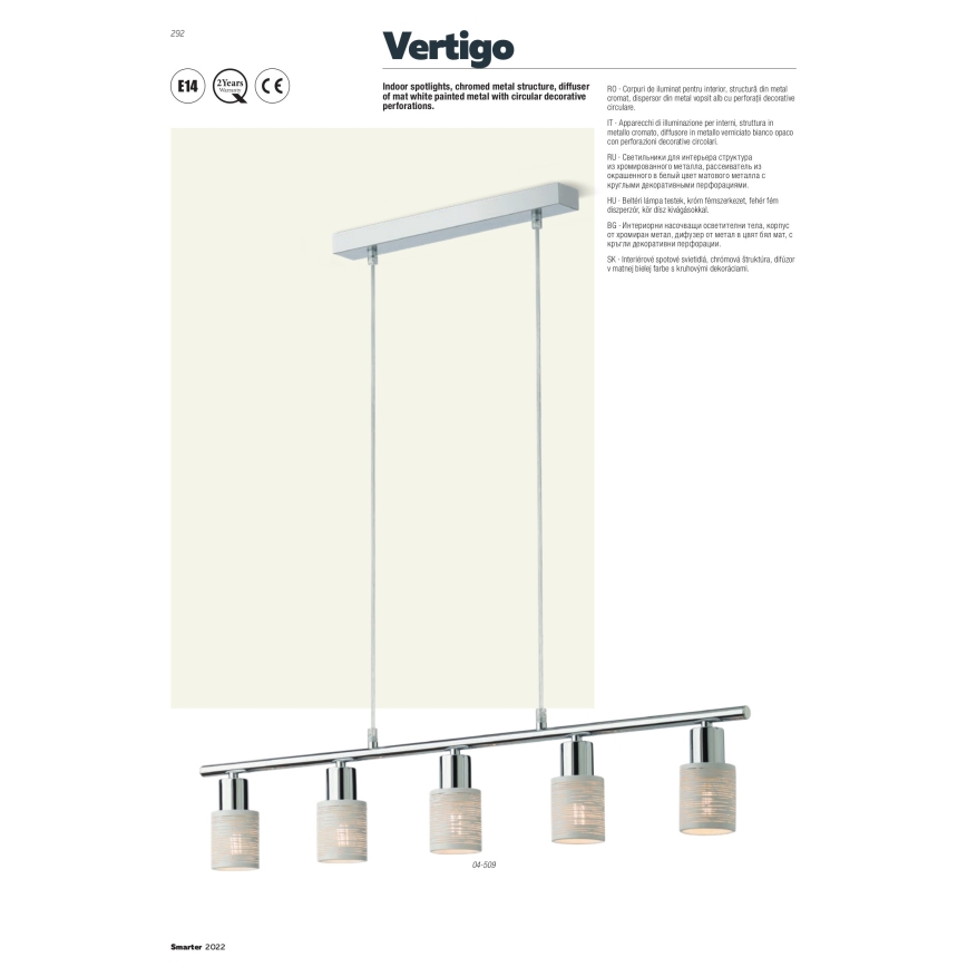 Redo 04-509 - Viseči lestenec na žici VERTIGO 5xE14/28W/230V sijajni krom/bela
