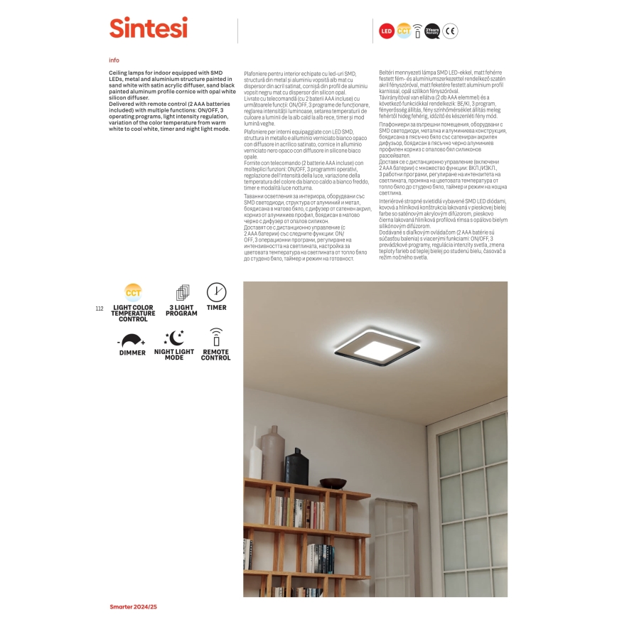 Redo 05-961 - LED Zatemnitvena stropna svetilka SINTESI LED/53W/230V 45x45 cm 3000-6000K + Daljinski upravljalnik