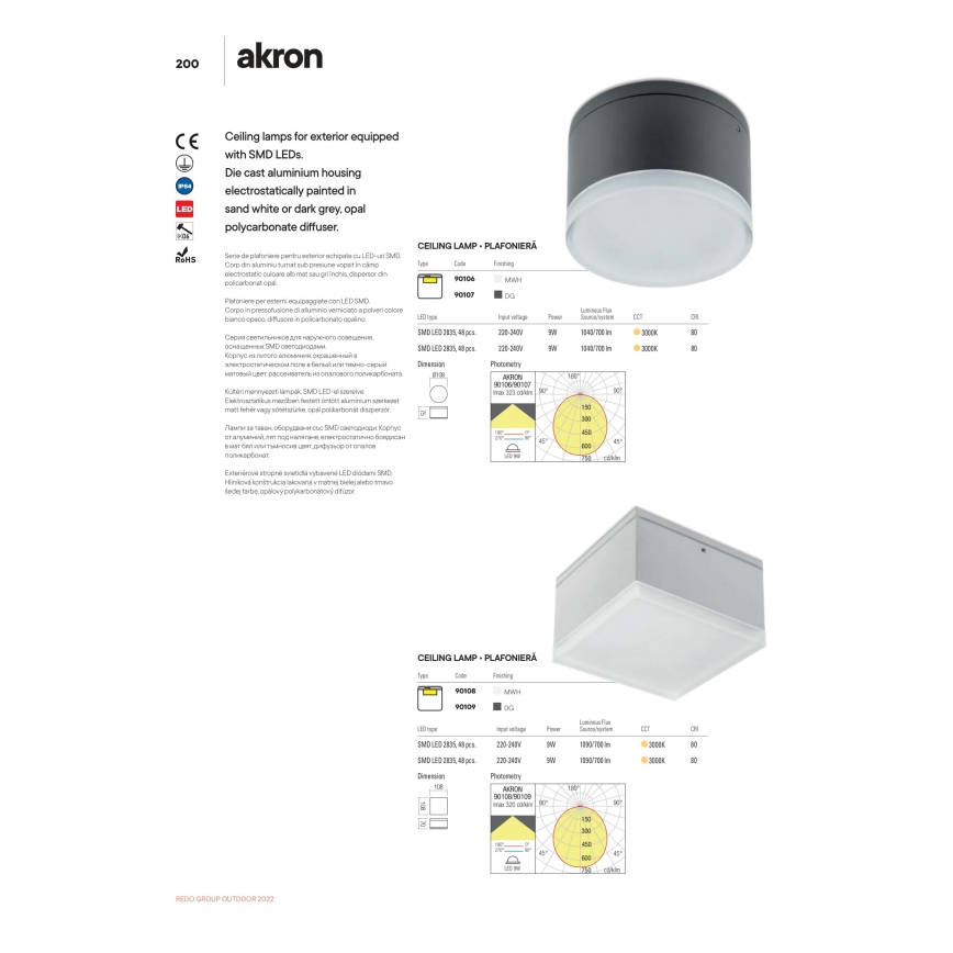 Redo 90107 - LED Zunanja stropna svetilka AKRON 1xLED/9W/230V pr. 10,8 cm IP54