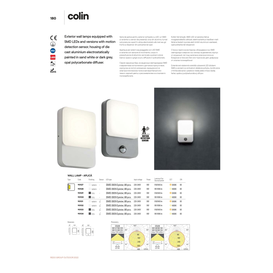Redo 90133 - LED Zunanja stenska svetilka s senzorjem COLIN 1xLED/9W/230V IP54