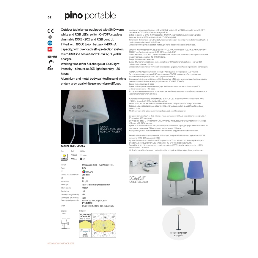 Redo 90166 - LED RGB Zunanja zatemnitvena namizna svetilka PINO LED/2,6W/230V 4400 mAh IP44